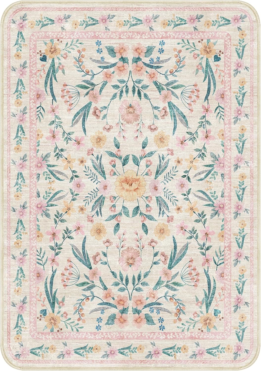 7x9 Area Rug Living Room Rugs,Pink Boho Floral Rug Washable Non-Slip Carpet for Girls Bedroom, Low Pile Soft Rug for Under Table or Bed, Aesthetic Home Décor