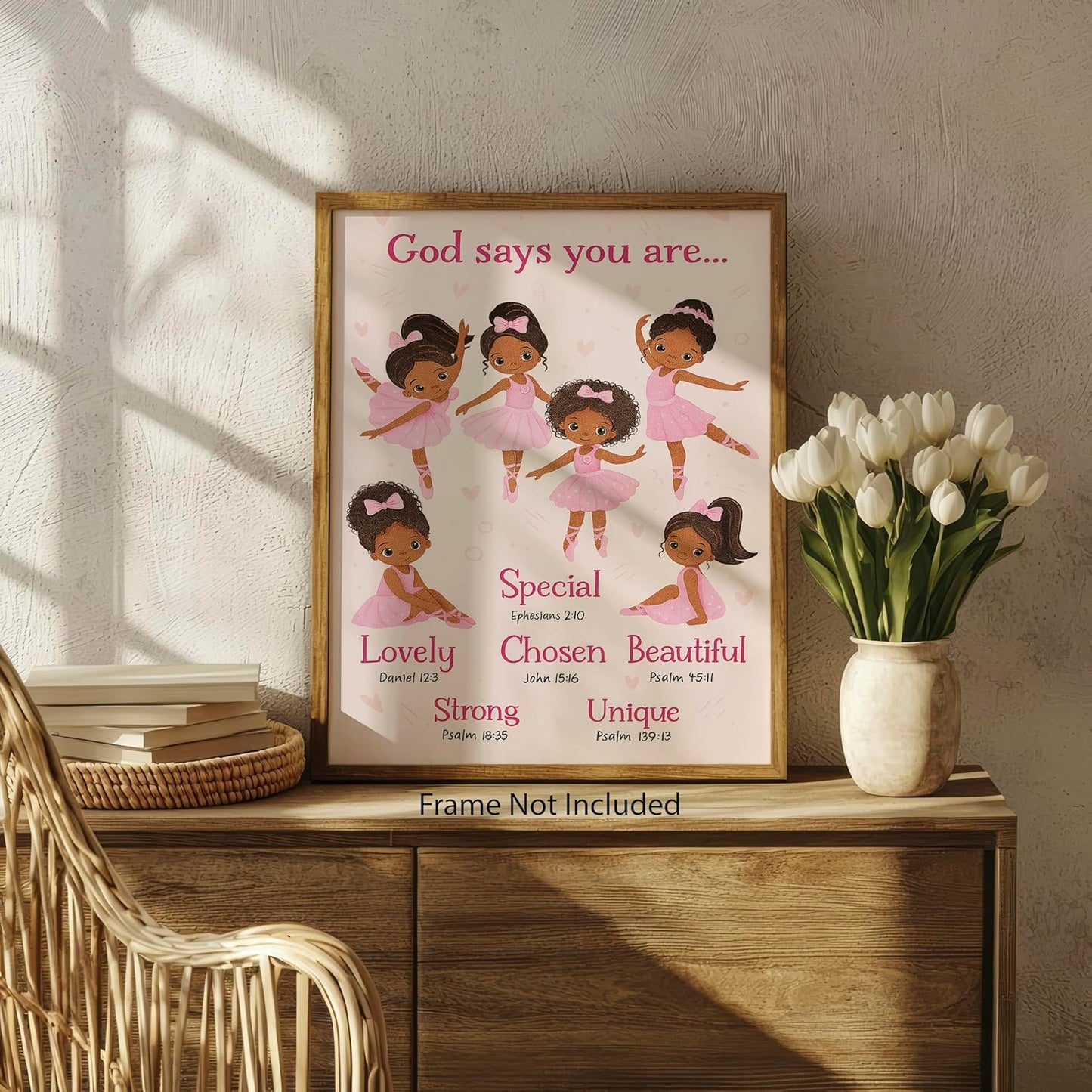 ZUKIY Ballerina Blessings - Who God Says You Are - Black Ballerina Wall Art - Ballerina Room Decor for Girls - Ballerina Bedroom Decor - Pink Afro Girl Poster - God Daughter Gifts - Unframed 8x10