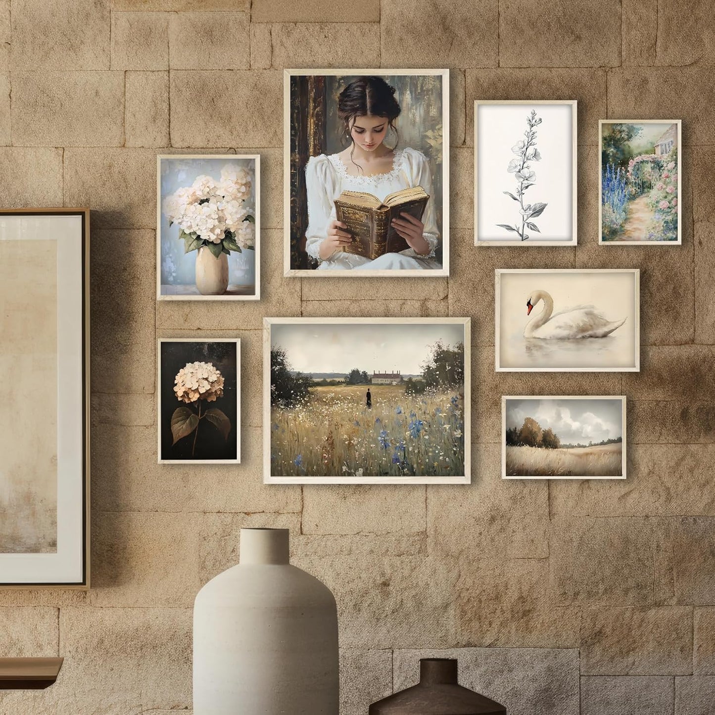 Eastern Print Victorian Wall Art Set of 8 PCS, Vintage Prints for Gallery Wall Decor, French Country Cottagecore Style, Swan, Floral, Classical Woman Reading Artwork for Bedroom, Living Room, Unframed