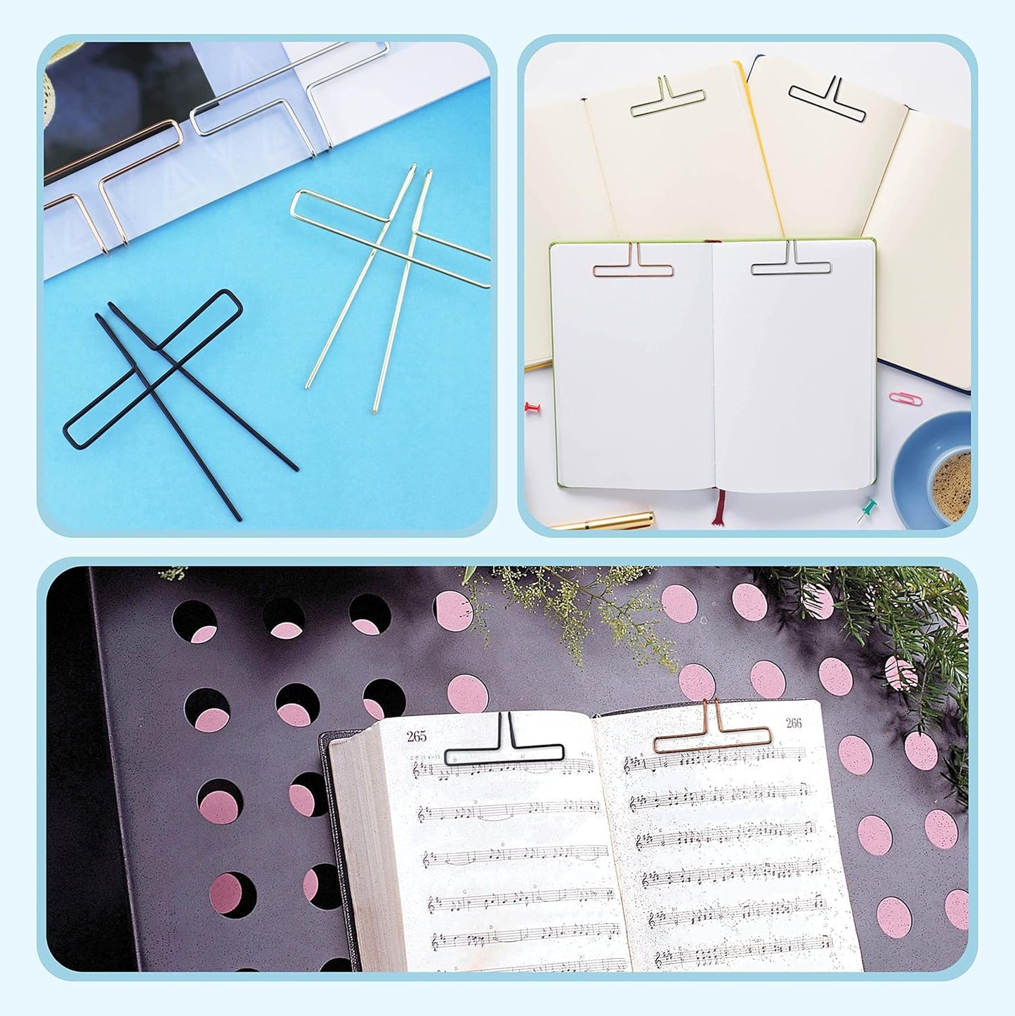Music Book Metal Clip Pack of 4 Book Page Holder for Reading, 4 Colors Book Opener Piano Sheet Book Accessories Portable Book Open Holder for Book Lovers (Rose Gold, Black, Gold, Silver)