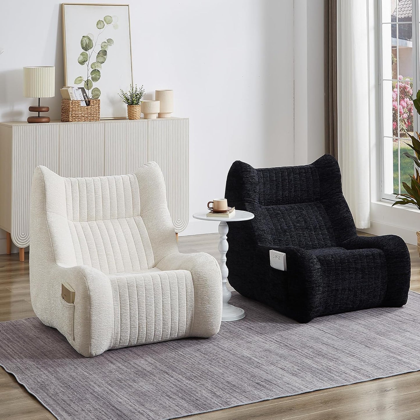 Bean Bag Chairs for Adults and Kids, Oversized Comfy Lazy Floor Sofa, Chenille Upholstered Boneless Couch Chair with Side Pockets, Memory Lounge Reading Chair for Living Room Bedroom Office (Black)