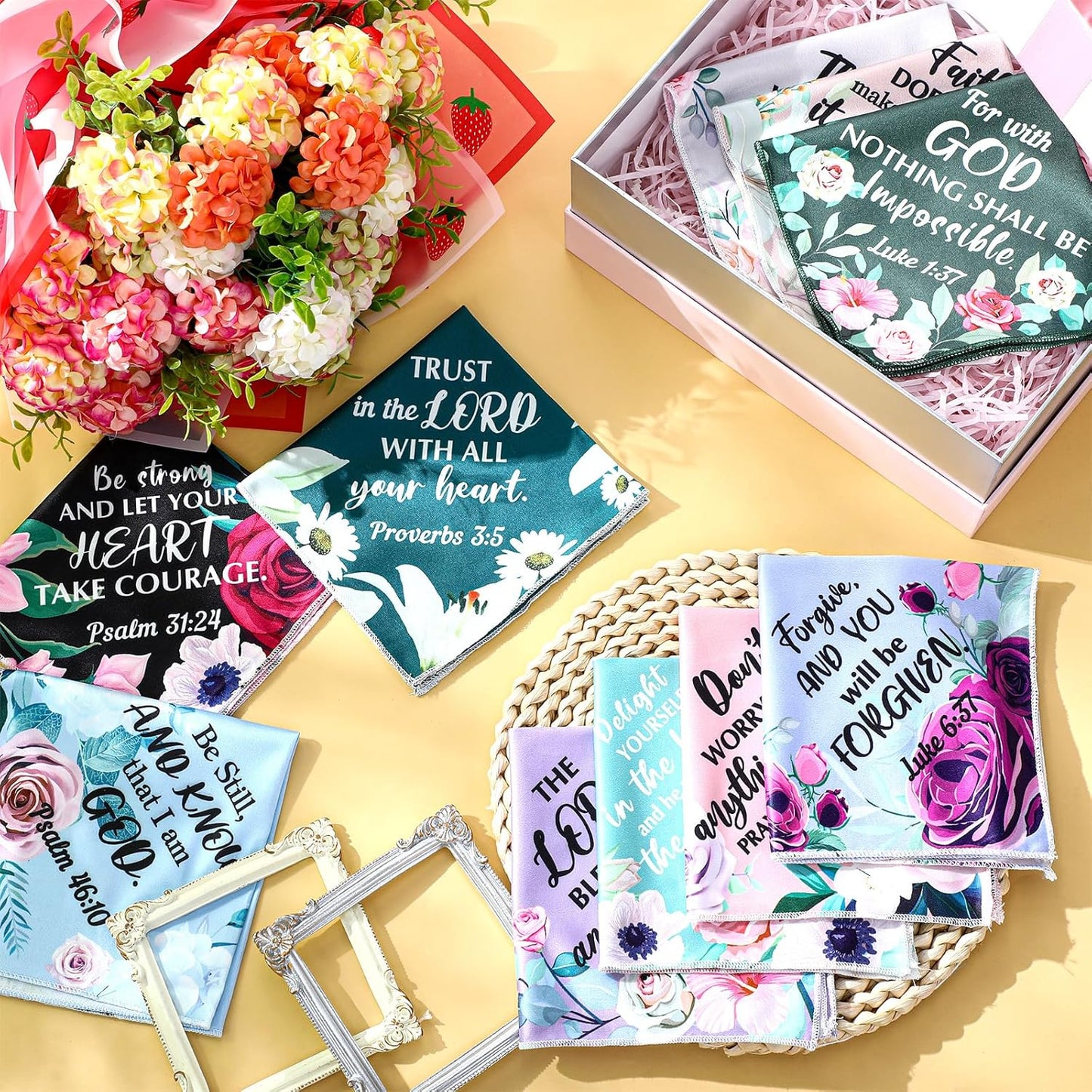 Kinlop 30 Pcs Christian Handkerchief for Women Prayer Handkerchief Christian Gift Bulk Ladies Floral Hankies Inspirational Scripture Bible Verse Religious Church Gift for Mom Sister Friend Teacher