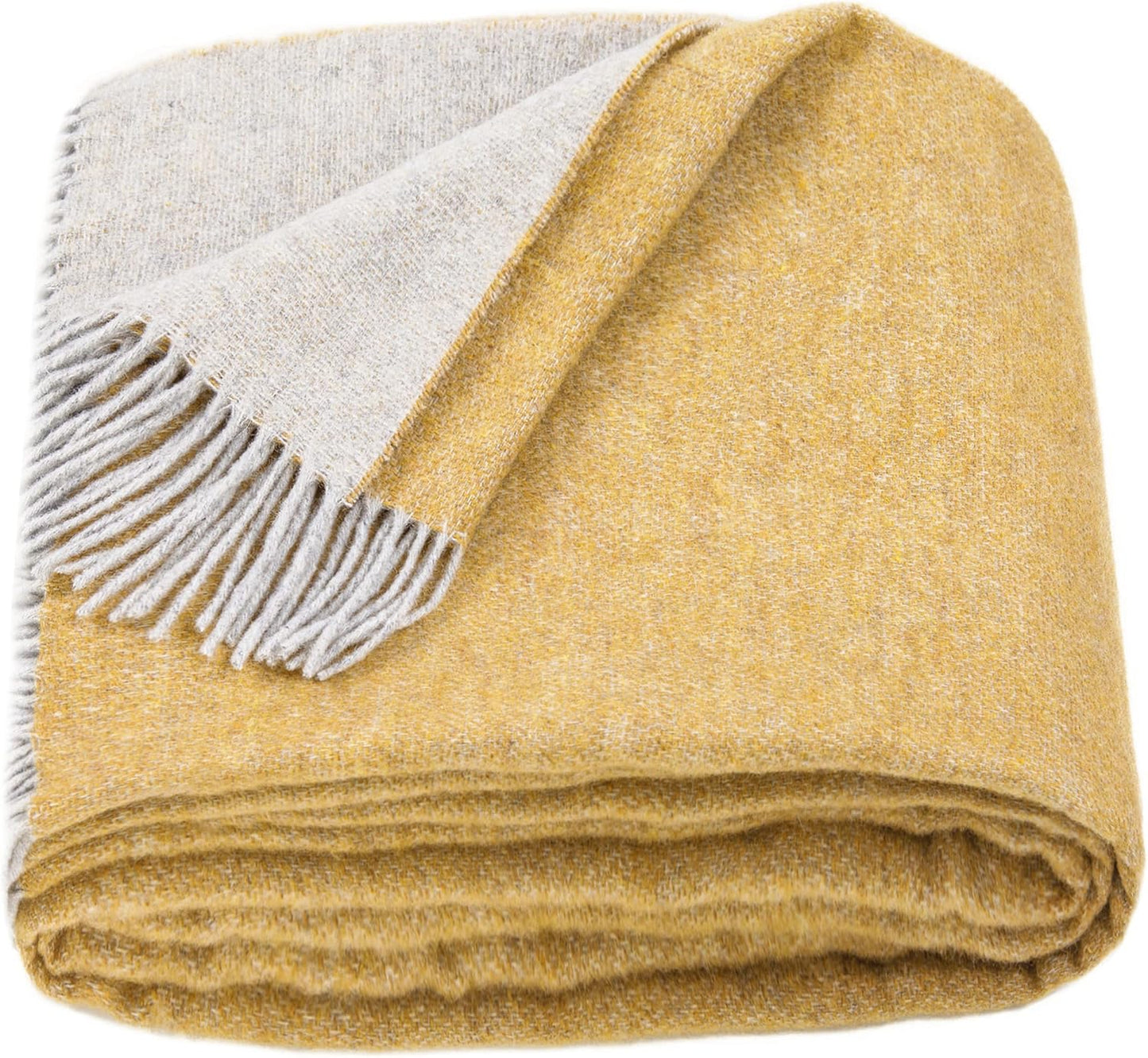 LYHome Merino Wool Blanket - Warm Throw for Cold Weather, Warmest Travel Outdoor Camping Blankets, Picnic Army Military Throws, Comforter Soft & Cozy (55 x 79 Mustard Yellow - Light Grey Double-sided)