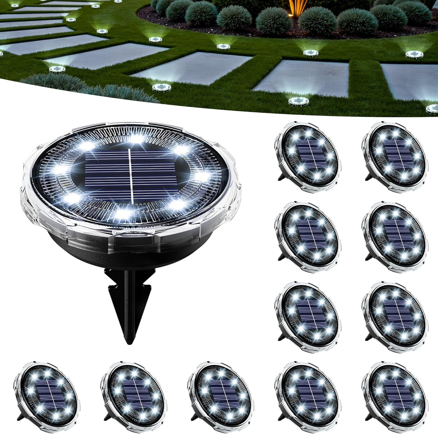 SOLPEX Solar Ground Lights 12 Pack, Solar Pathway Lights Outdoor Waterproof, Landscape Lighting for Garden, Walkway, Driveway, Yard, Deck, Patio, Swimming Pool (Cool White)