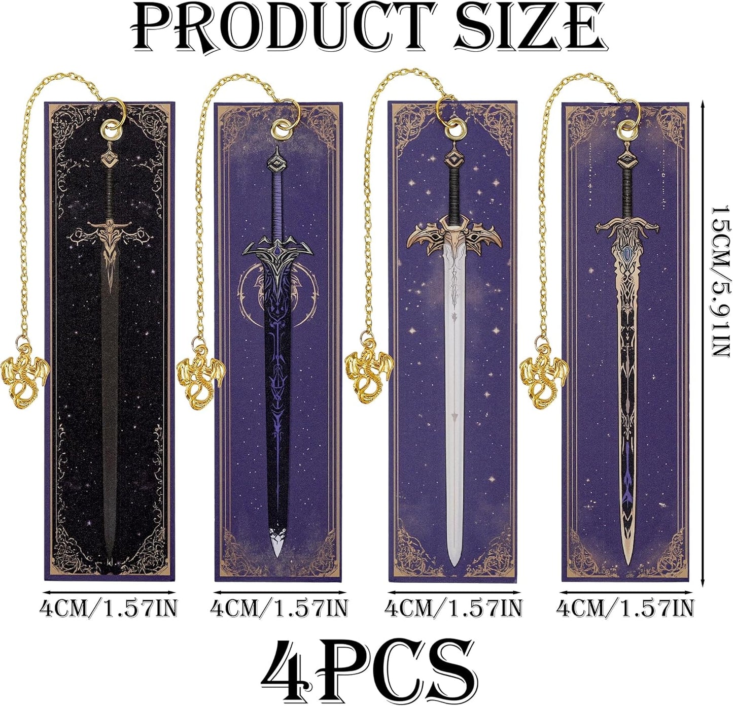 Dragon Sword Bookmark Gifts - 4 Pcs Purple Cool Vintage Bookmarks for Men Reading Lovers Kids Teacher Students Gold Pendant Charm Fantasy Anime Book Marks Office Home Supplies Birthday Gift