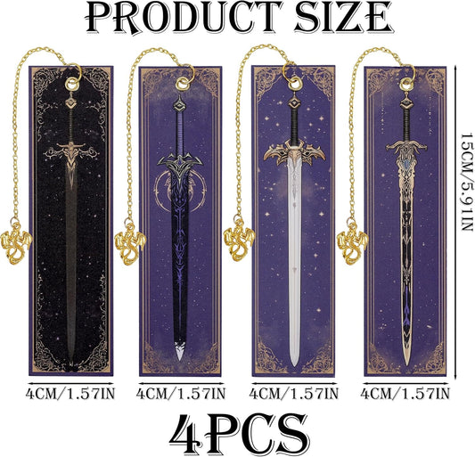 Dragon Sword Bookmark Gifts - 4 Pcs Purple Cool Vintage Bookmarks for Men Reading Lovers Kids Teacher Students Gold Pendant Charm Fantasy Anime Book Marks Office Home Supplies Birthday Gift