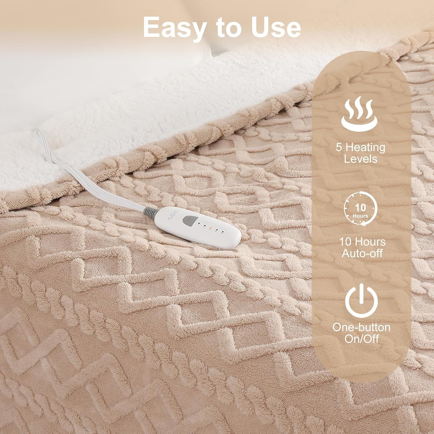 Electric Blanket Twin Heated Blanket 62''X84'' with 5 Heating Levels & 10 Hours Auto Off, ETL& FCC Certification Dual Sherpa Twin Heating Blanket Washable for Home/Office/Bed, Great Gift(Beige)
