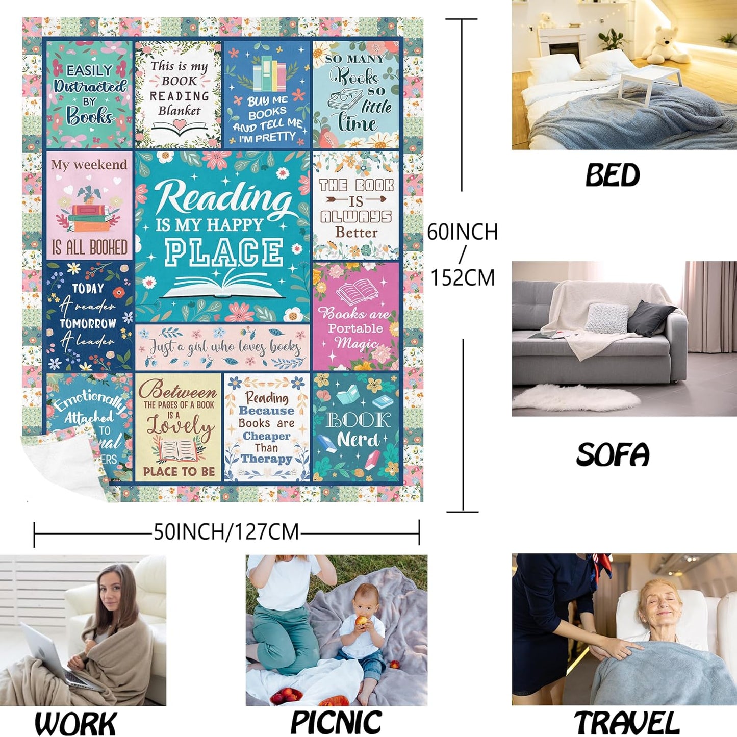 QOJUYO Book Lovers Gifts for Women, Gifts for Book Lovers Women, Bookish/Librarian/Bookworm Gift for Reader, Reading Blanket 60"x50"