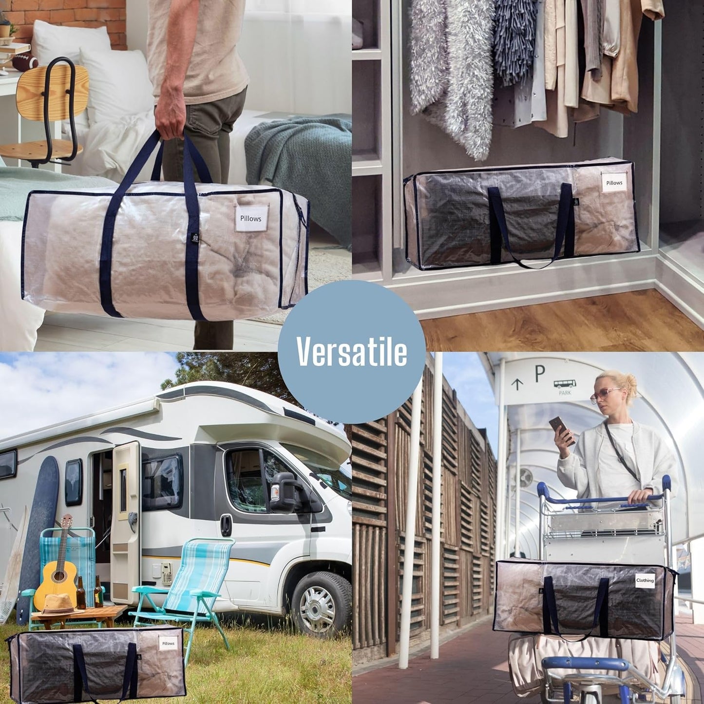 VENO 4 Pack Moving Bags, Christmas Storage Containers, Storage Bins with Lids, Reinforced Wraparound Handles, Packing Bags for Clothes, Bedding, Comforters (Clear, 4 Pack)