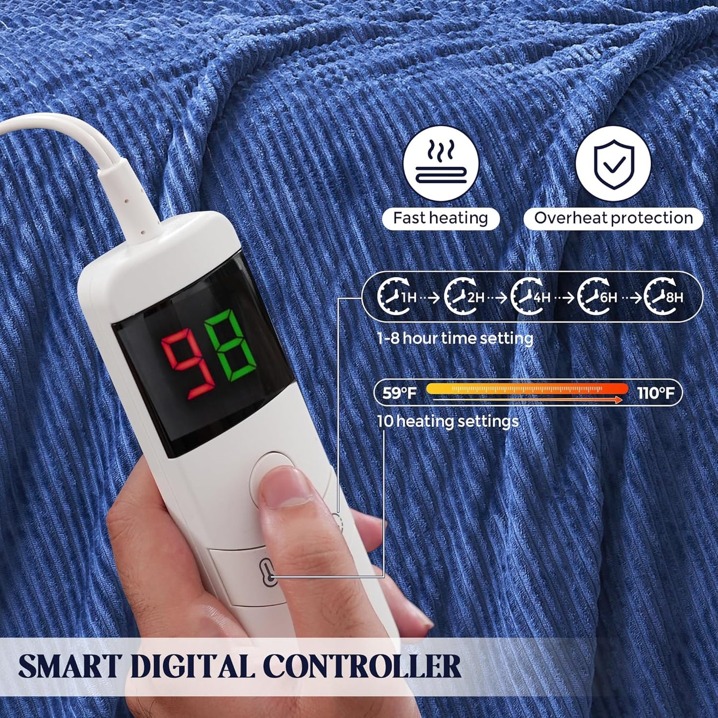 Heated Electric Blanket Throw Size 50"x 60" Heating Thow Blanket Soft Warm Thick Bed Blanket for Cold Winter 5-Position Timer &10 Heating Setting Home Office Use & Washable