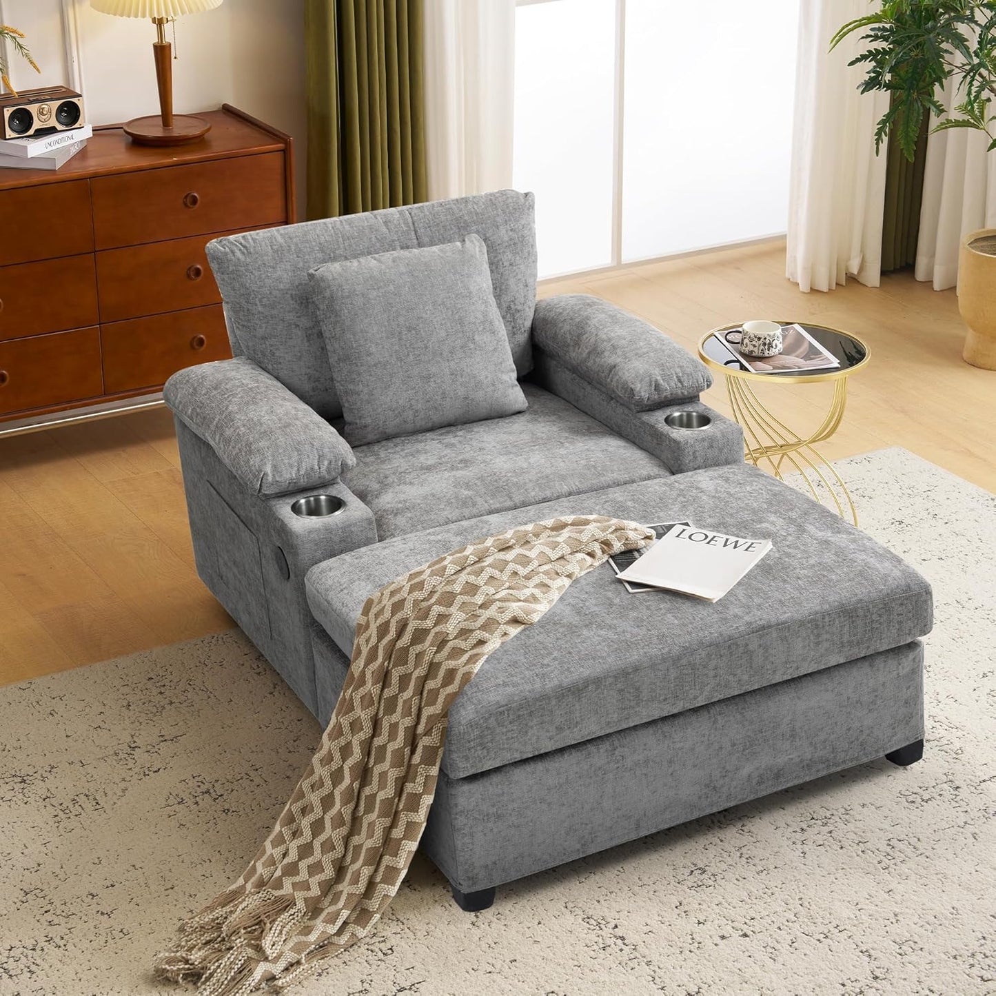 Modern Ergonomic Accent Chair with Ottoman - Supportive Oversized Lounge Chair for Living Room, Bedroom, Reading, Vanity, Comfy Seating with Lumbar Support, Cup Holders and Stylish Design,Grey-Chenill