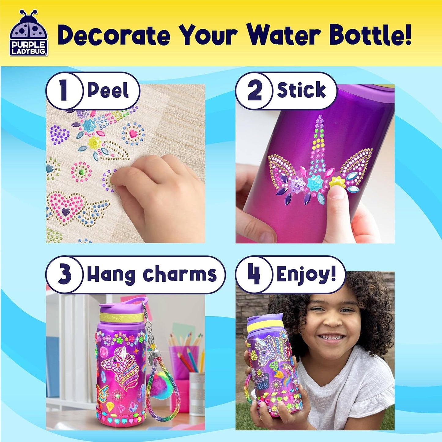 PURPLE LADYBUG Decorate Your Own Water Bottle Kit for Girls - Easter Gifts for Kids Gifts for Ages 5 6 7 8 9 10 Year Old Girl Birthday, Unicorn Toys Crafts Kids Ages 6-12