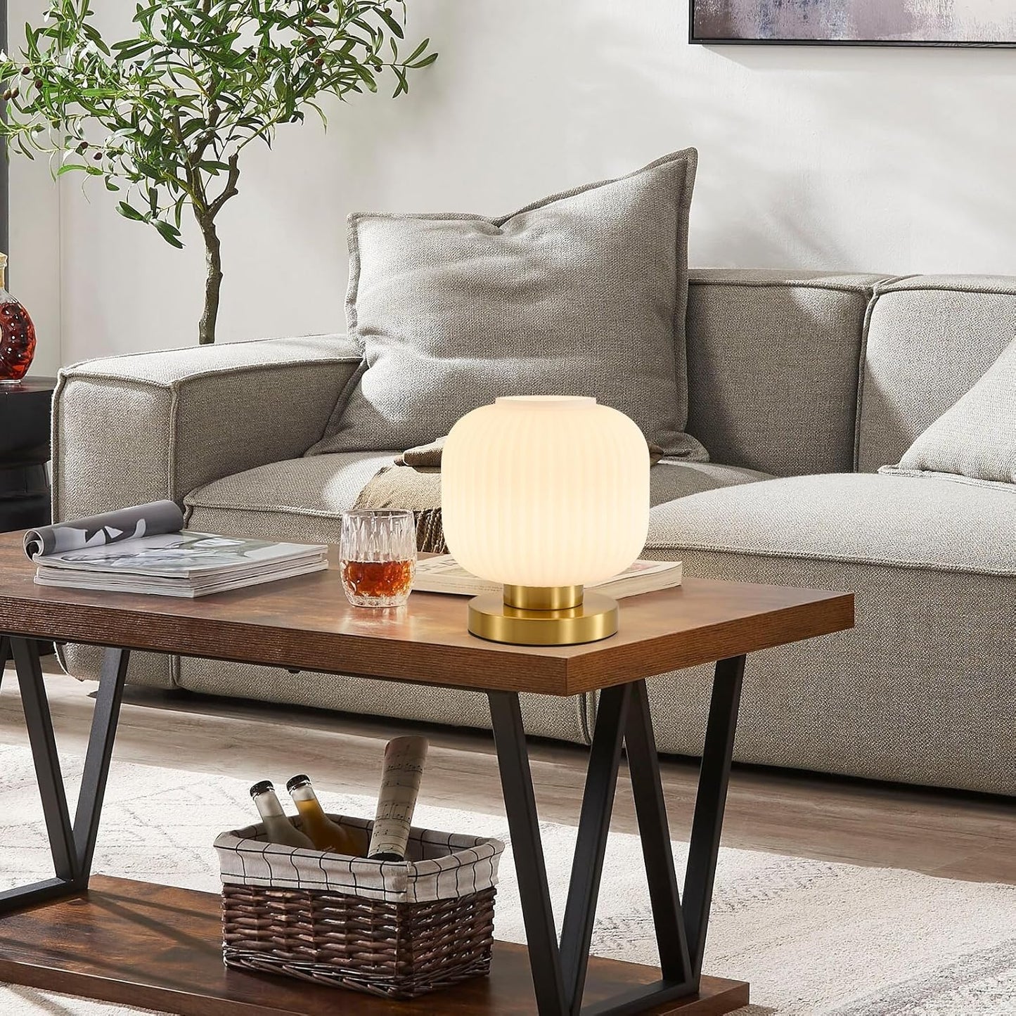 Dimmable Small Glass Table Lamp: Mid Century Modern Nightstand Light with Milk White Shade - Small Decorative Brass Desk Lamp - Ribbed Glass Bedside Tables Lamps for Bedroom Living Room Bulb Excluded