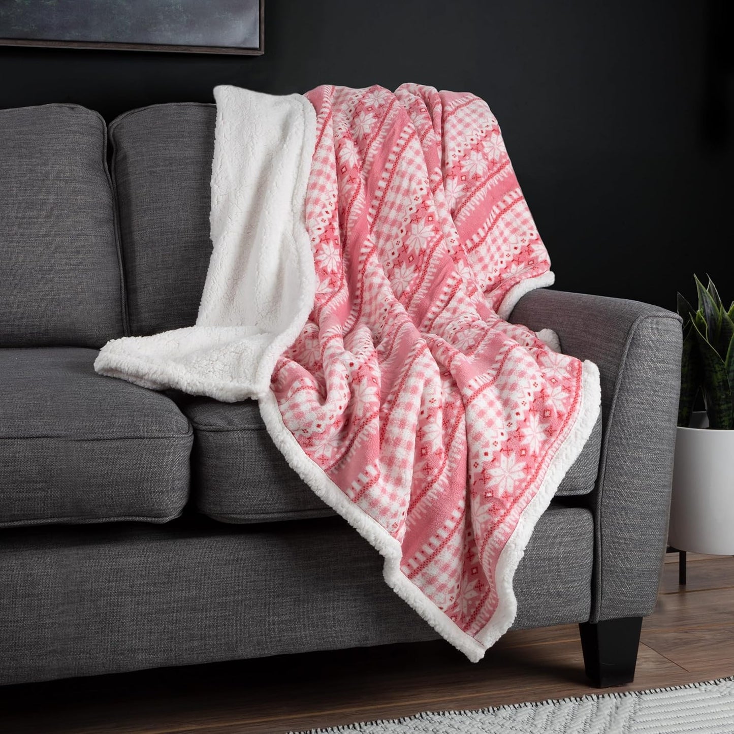 Reversible Fleece Blanket - 50x60-Inch Machine-Washable Sherpa Throw with Snowflakes - Cozy Blanket for Couch, Chair, or Bed by Lavish Home (Pink)