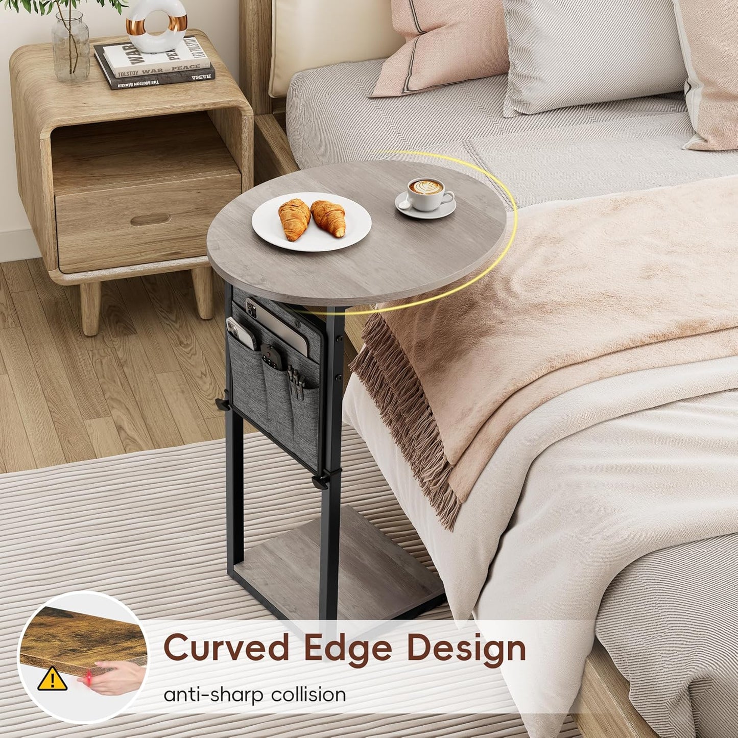 Vagusicc C Shaped End Table with Charging Station, Small Side Table for Couch, Slide Under Sofa Table for Living Room Bedroom, Round Couch Side Table, C Table for Couch Snack Table TV Tray, Greige