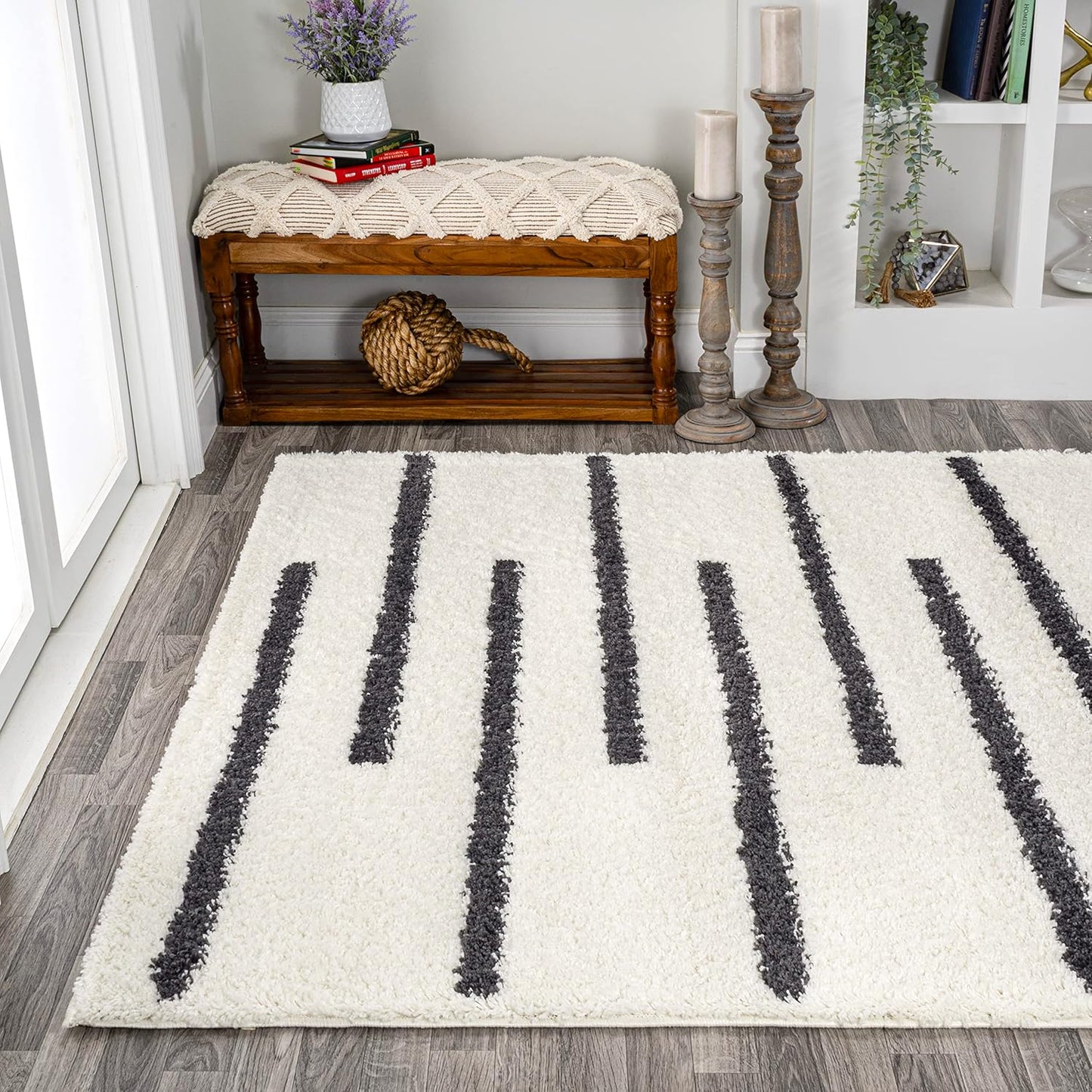 JONATHAN Y Alaro Berber Stripe Shag White/Gray Indoor Area Rug, 4x6, Bohemian, Contemporary, Easy-Cleaning for Living Room, Bedroom, Kitchen, Pet Friendly, Non-Shedding (MOH402A-4)
