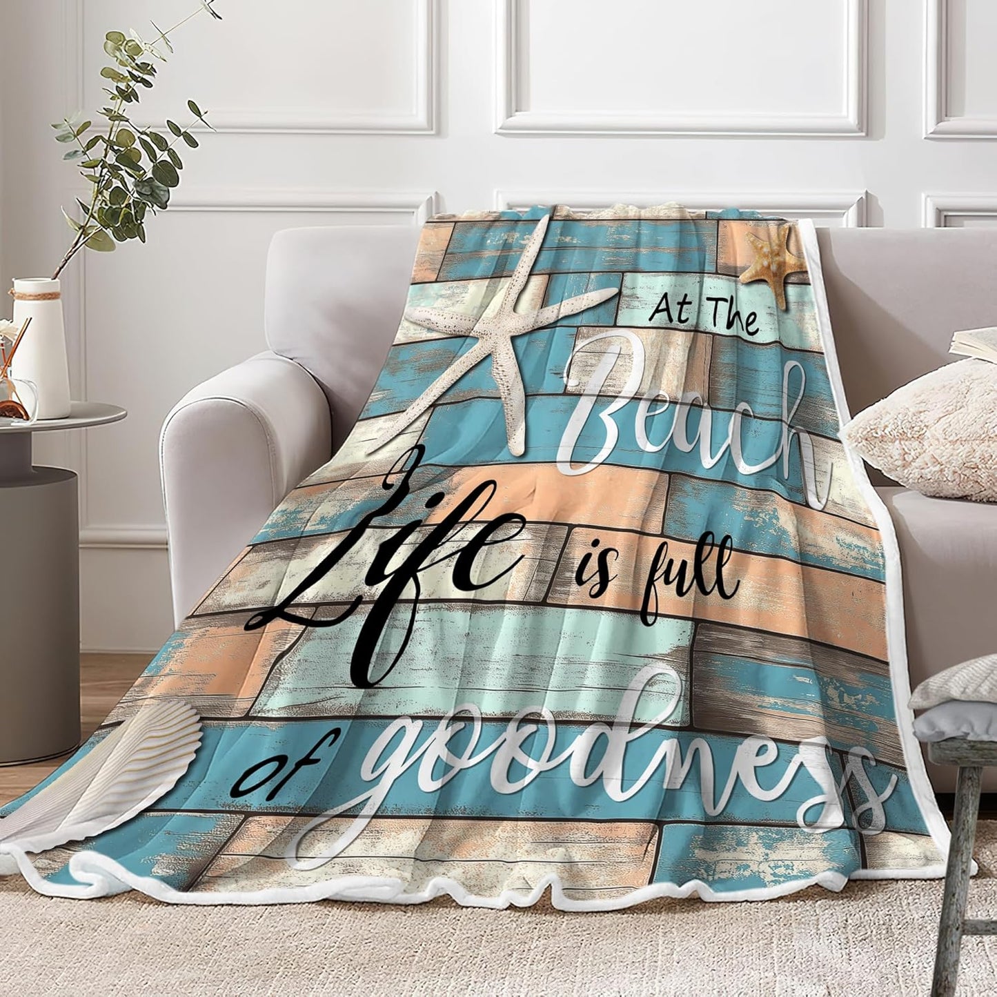 JAWO Beach Throw Blanket, Rustic Vintage Wood Ocean Quote Words Flannel Blanket for Couch Bed Sofa Chair Home Decor, Nautical Coastal Theme Blanket, Cozy Warm Soft Blankets, 50x60 Inch