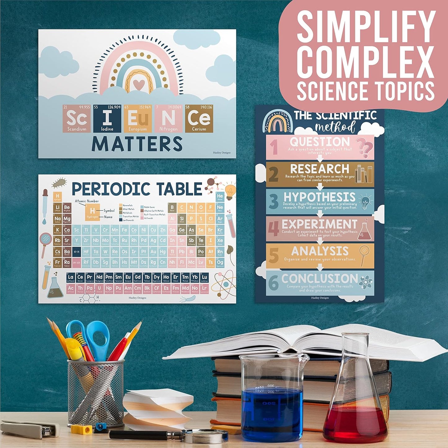 Hadley Designs Science Posters for Classroom Middle School – 4-Pack Periodic Table Poster, Scientific Method Poster & Science Classroom Decor, 11x17 Laminated for Elementary & Homeschool - Boho Theme