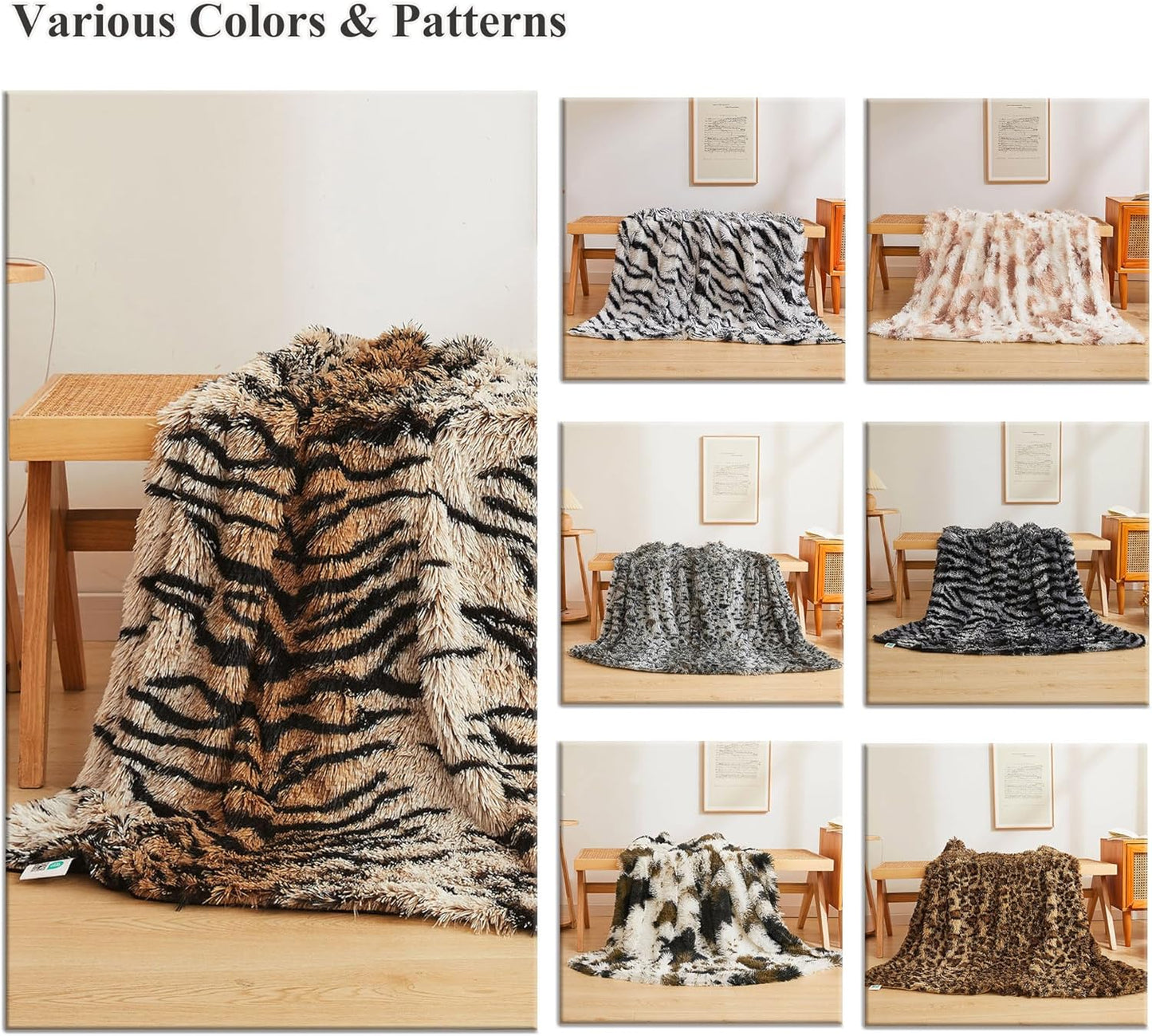 XeGe Luxury Faux Fur Throw Blanket, Soft 50x60 Tiger Print Fluffy Blanket Throw, Shaggy Plush Decorative Farmhouse Couch Blanket, Cute Furry Throw Fuzzy Blanket for Sofa Bed, Tiger Print Brown