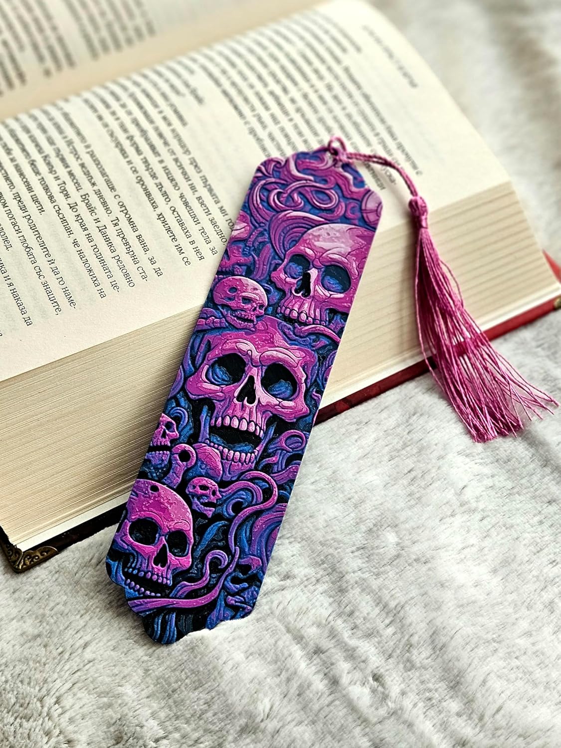 Gothic Skull Bookmark with Pink Tassel, 3D Printed, Purple and Navy Design, Horror Theme Decorative Page Marker