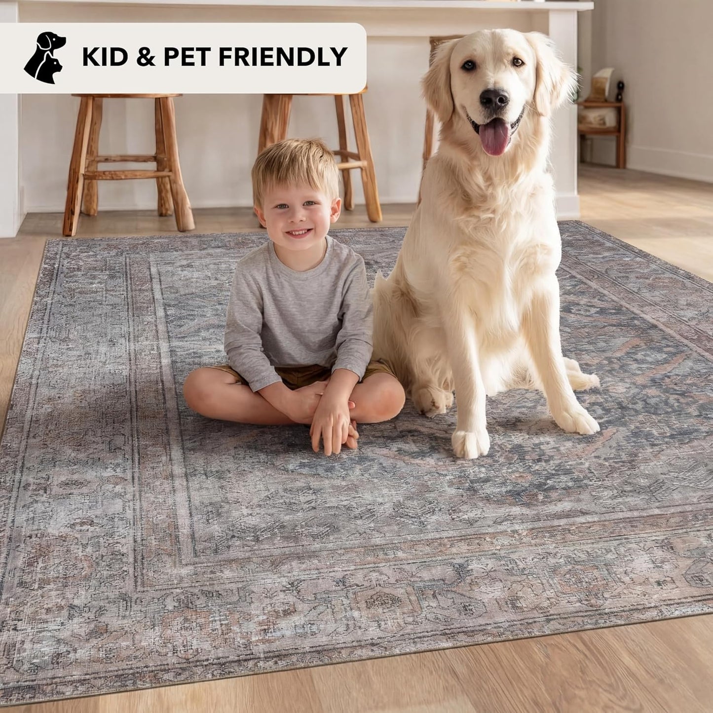 Kuden 4x6 Area Rug, Machine Washable Area Rug with Non-Slip Backing, Vintage Style, Soft, Easy Clean, Low Pile Rug for Living Room, Bedroom, Dining Room