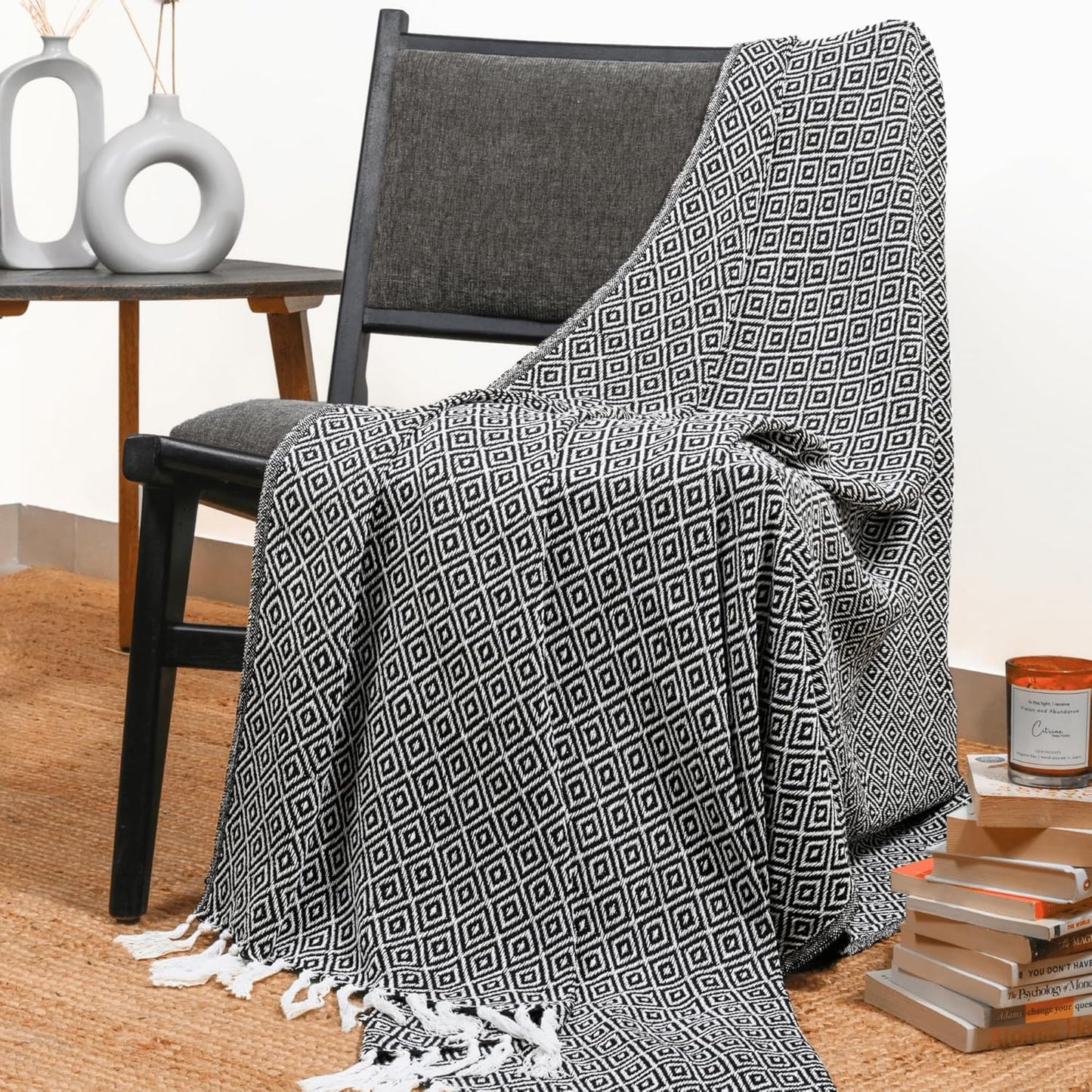 RAJRANG Black Throw Blanket Woven Country Rustic All Weather 100% Cotton Knitted Luxury Sofa Couch Bed Throws Mini Diamond 50 x 60 Inches