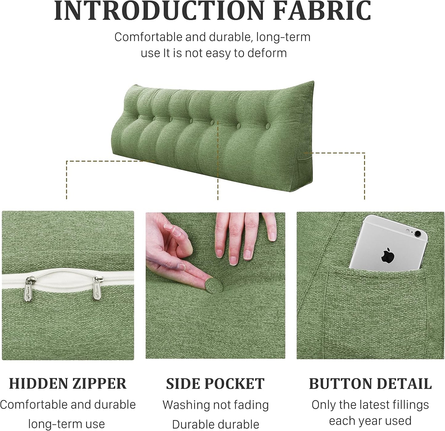14 lbs Thickened Headboard Pillow Wedge Pillow Headboard Reading Pillow Bed for Backrest Reading Triangular Pillow with Side Pocket for Sitting in Bed Cotton Linen Green King