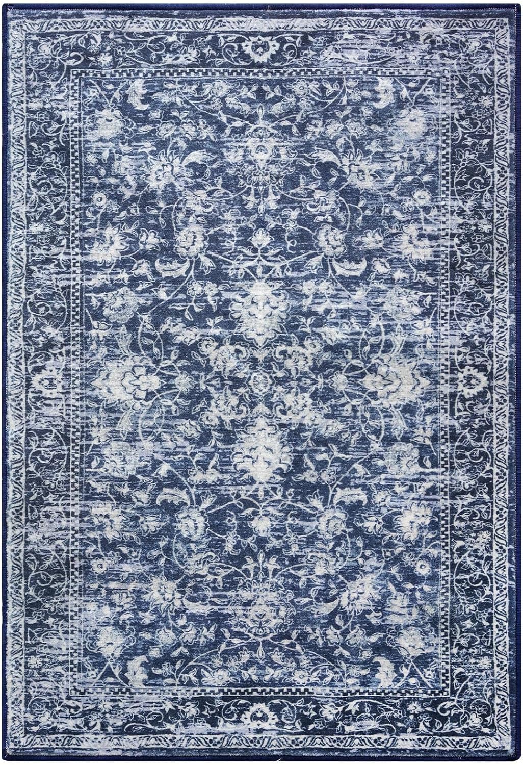 KILOCOCO Area Rug 5x7 Living Room Rug Washable Printed Vintage Floral Non Slip Soft Rubber Backed Indoor Bedroom Rugs for Laundry Room Kitchen Playroom Moroccan Area Rugs, Blue
