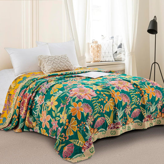 100% Muslin Cotton Throw Blanket for Bed Couch Chair, Bohemian Floral Colorful Retro Quilt Ultra Soft Reversible Gauze Blanket for All Season, 80"x90"