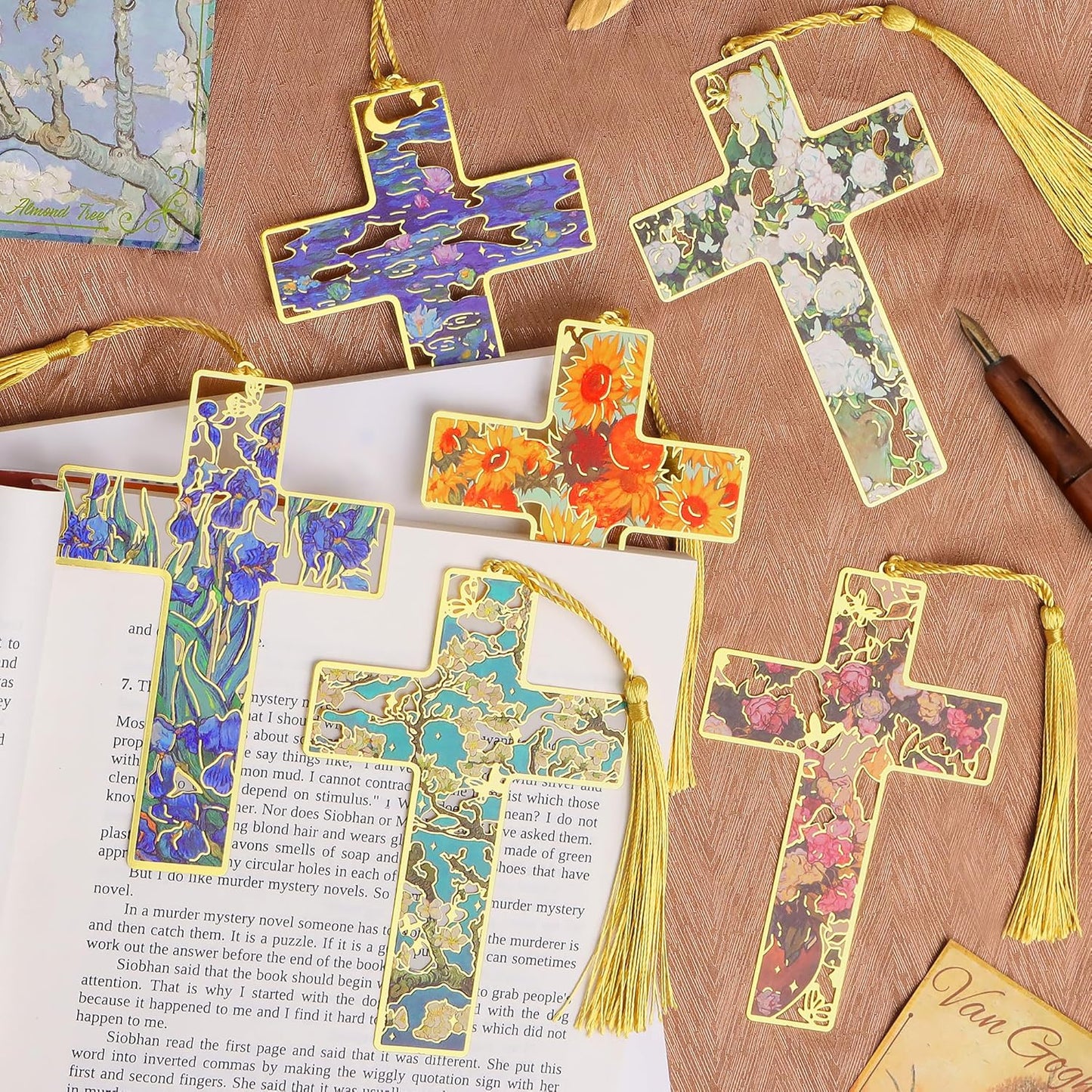 6pcs Metal Bookmarks Cross Bookmarks for Women Men Kids Teacher Book Lovers Gifts, Christian Religious Bible Personalized Bookmark with Tassel Hollow Oil Painting Style Cute Book Marks