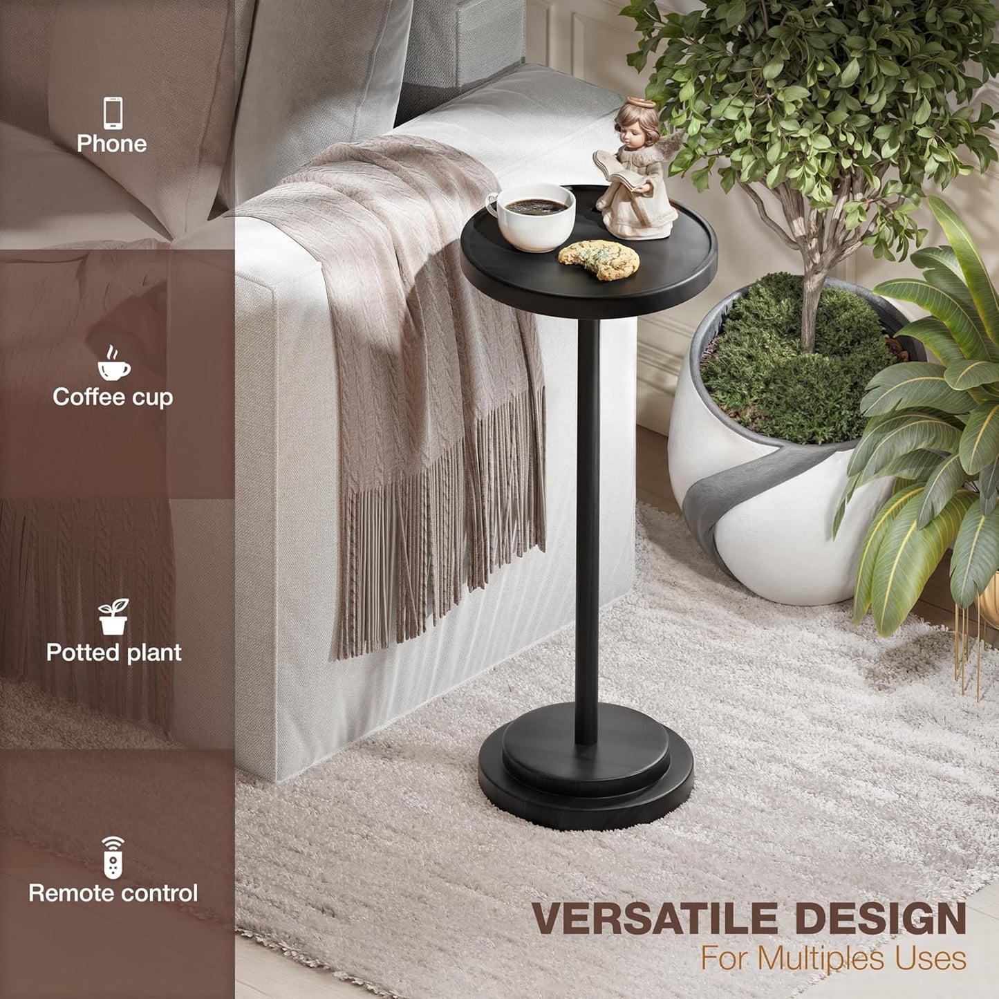 BLUEWEST Drink Table, 24.4" Tall Compact Side Table with Phone Slot and Weighted Base, Durable Pedestal Table Accent for Living Room (Flat, Walnut) (Black, Double Base)