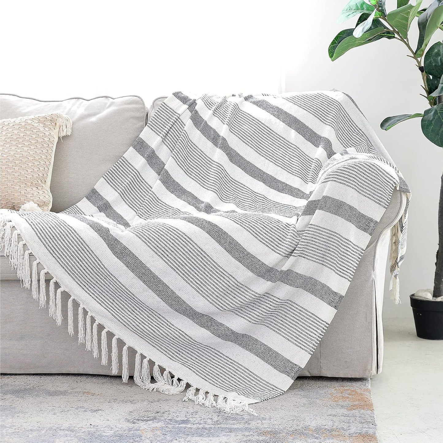 Decorative Black White Striped Throw with Fringe, Soft Chenille Knitted Farmhouse Lightweight Blanket with Tassels for Couch Sofa Chair Bed Office Home Décor, Black and Ivory, 50" x 60"
