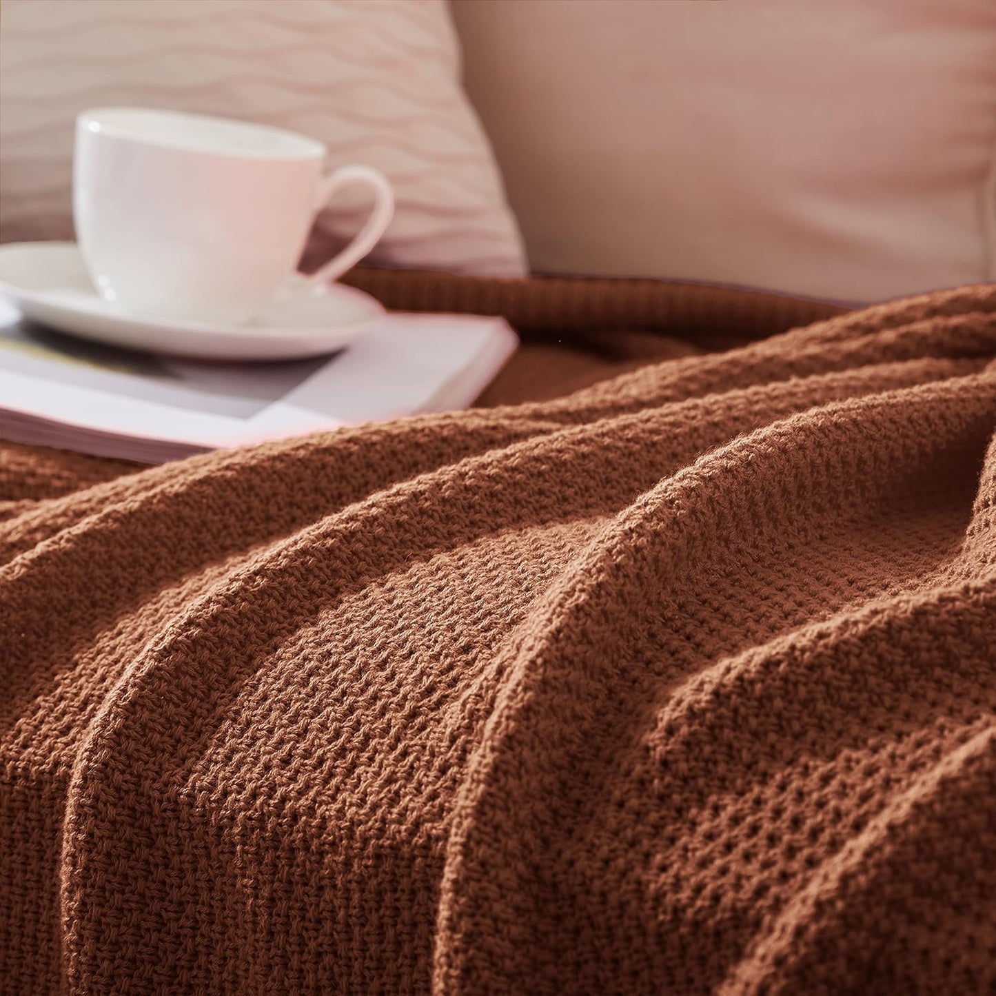TREELY 100% Cotton Knitted Throw Blanket for Couch Chair Bed Home Decorative, Soft & Cozy Knit Throw Blanket(60"x80", Brown)