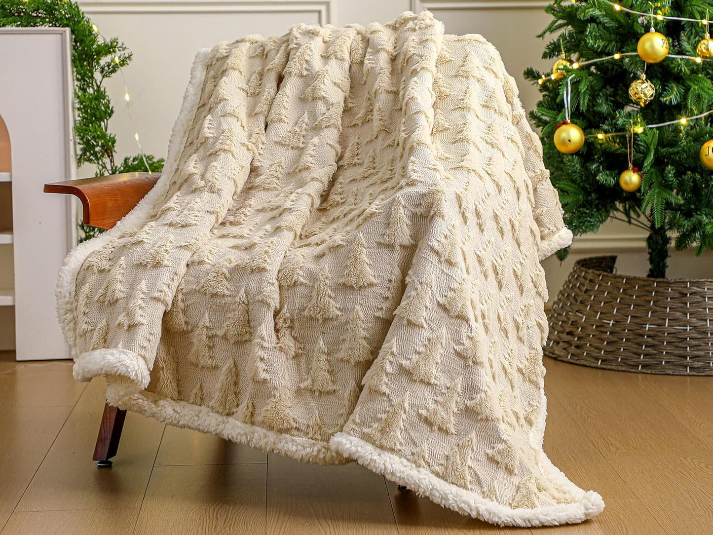 Christmas Sherpa Throw Blanket 3D Christmas Tree Snowflake Reindeer Double-Sided Thick Soft Plush Fluffy Decoration for Couch, Bed, Sofa Holiday Party Gifts, 50" x 60"(Beige, Xmas Tree)