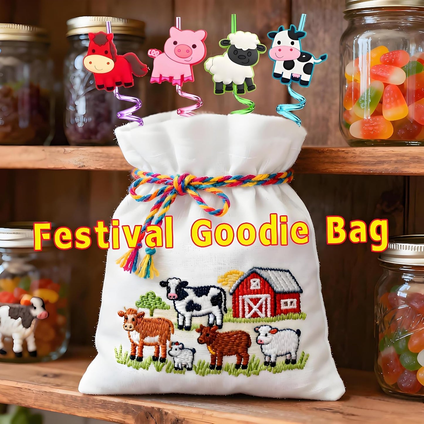 24Pcs Reusable Farm Animal Party Favors Plastic Straws-Farm Birthday Themed Party Decorations-Horse Cow Duck Sheep Pig Tractor Barnyard Farm Birthday Party Supplies-Gift Favors with 2 Cleaning Brushes