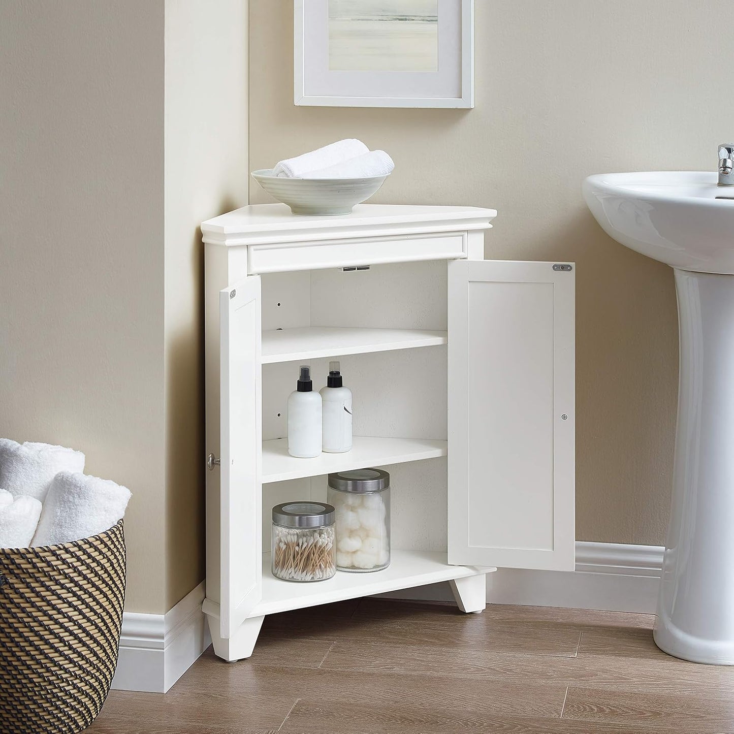 Crosley Furniture Lydia Corner Storage Cabinet and Bathroom Organizer with Shelves, White