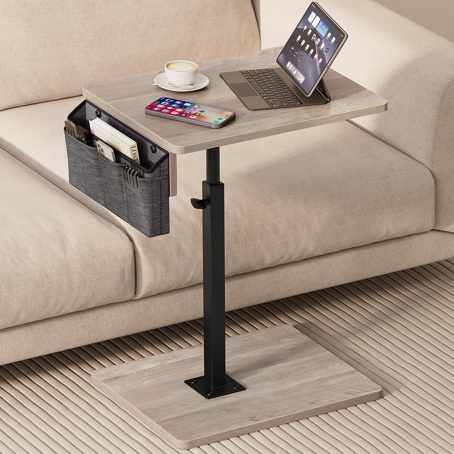 Vagusicc Sofa Armrest Tray Table for Couch, 360° Swivel Height Adjustable TV Tray Table for Small Spaces, Snack Side Table for Couch, Bed, Chair, C Shaped End Side Table for Eating, Reading, Laptop