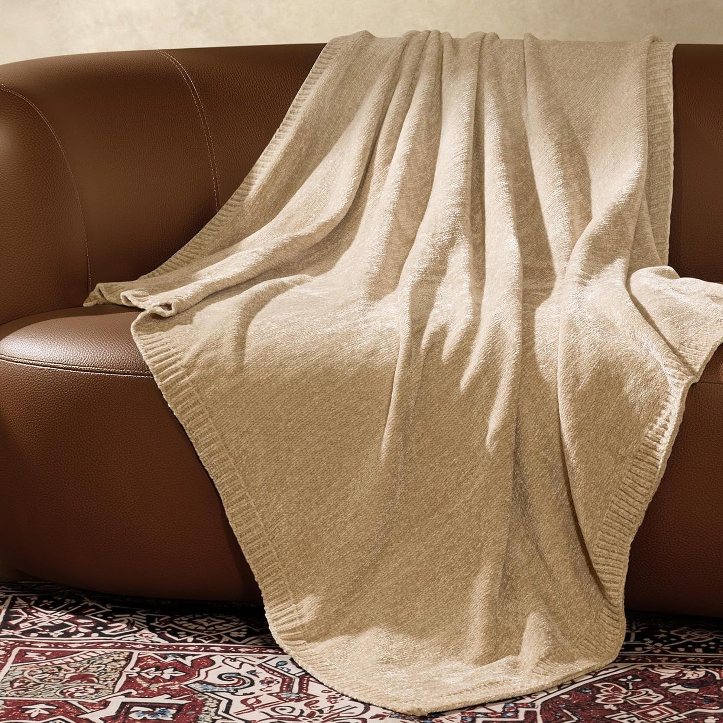Chenille Throw Blanket for Couch, Cozy Soft Blanket Lightweight Decorative Throw for Living Room Sofa Chair, Stylish Home Decor, Ideal for Gifting, Beige 50"x60"