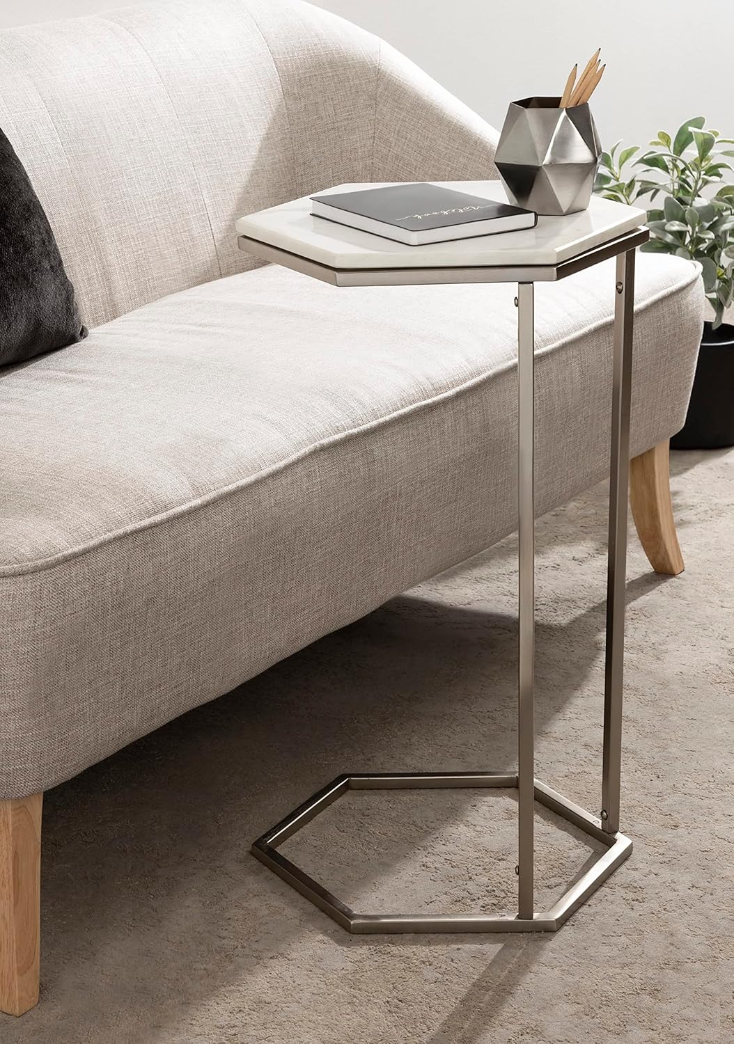 Kate and Laurel Trillion Modern C-Table; 16 x 14 x 28; Silver; Chic Marble Accent End Table with Geometric Hexagon Top