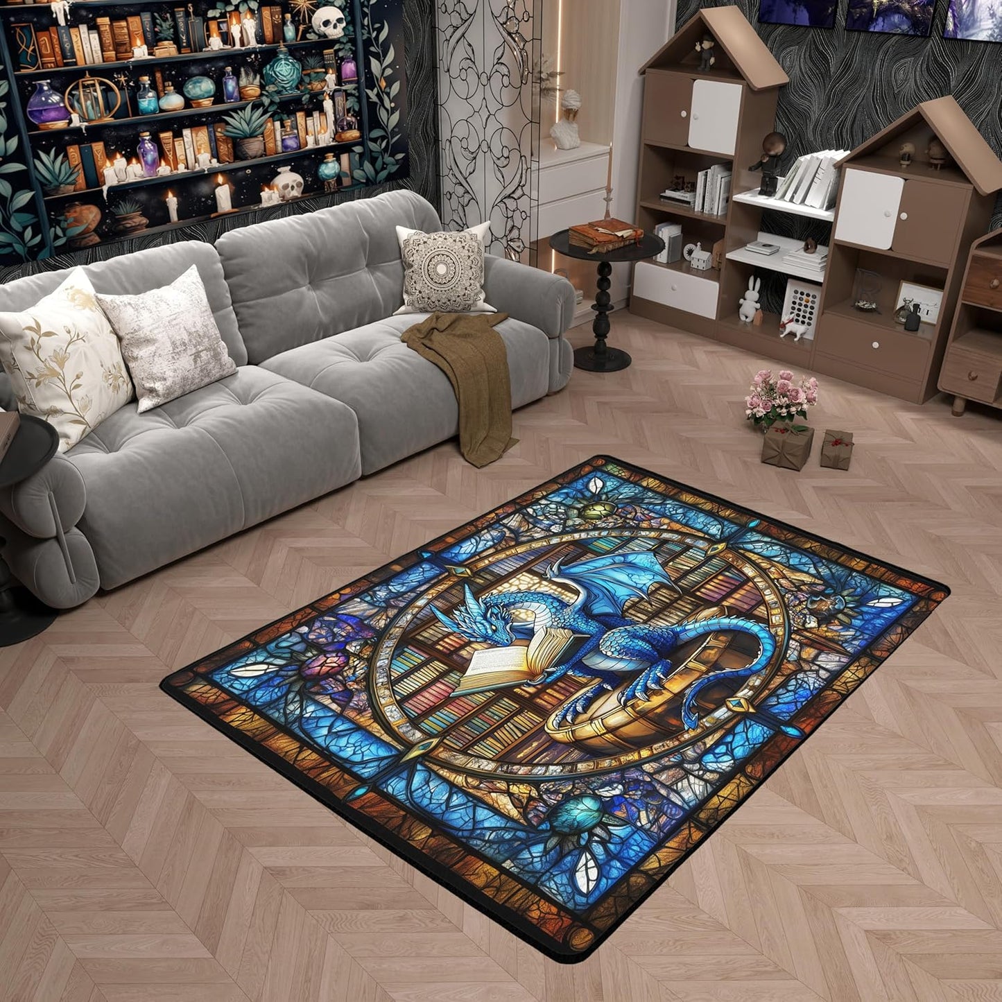 Western Dragon Kids Area Rug,Blue Dragon Reading Book Bookshelf Mats Rugs for Boys Girls,Geometric Patchwork Abstract Bath Carpets,Trippy Chic Bath Rugs,Absorbent Floor Mats,5'x6'6''