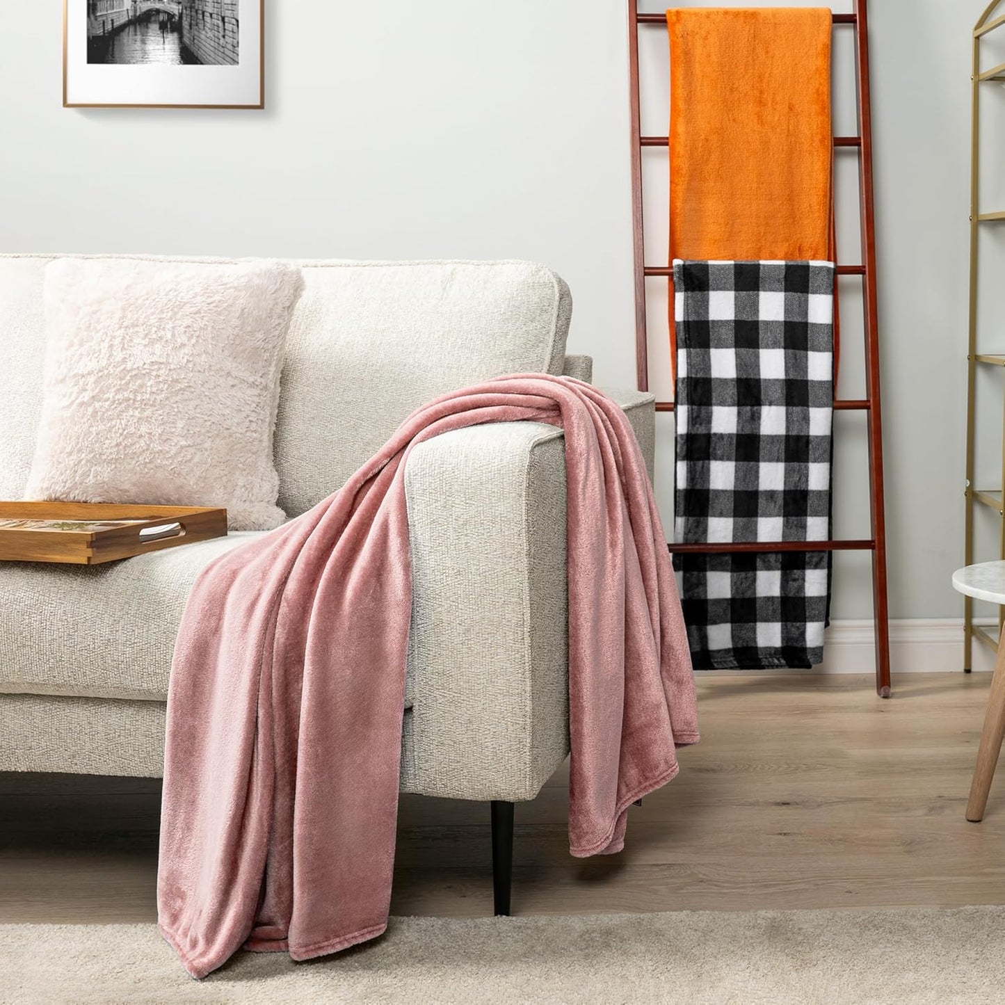 PAVILIA Pink Fleece Throw Blanket for Couch, Blush Pink Soft Fuzzy Flannel Throw for Sofa, Luxury Plush Microfiber Bed Blanket, Cozy Home Decorative Velvet Gift Blanket, 50x60