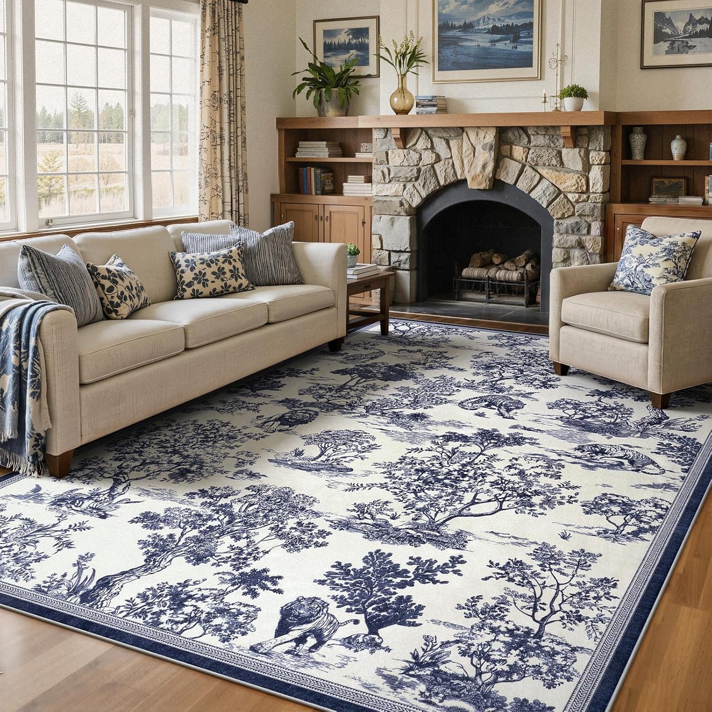 LIVEBOX 8x10 Area Rugs Toile Delft Blue Rug for Living Room, Washable Rug for Bedroom Dining Room Nursery Room, Soft Low Pile Non Slip, Vintage Animal Jungle Print Carpet Home Décor