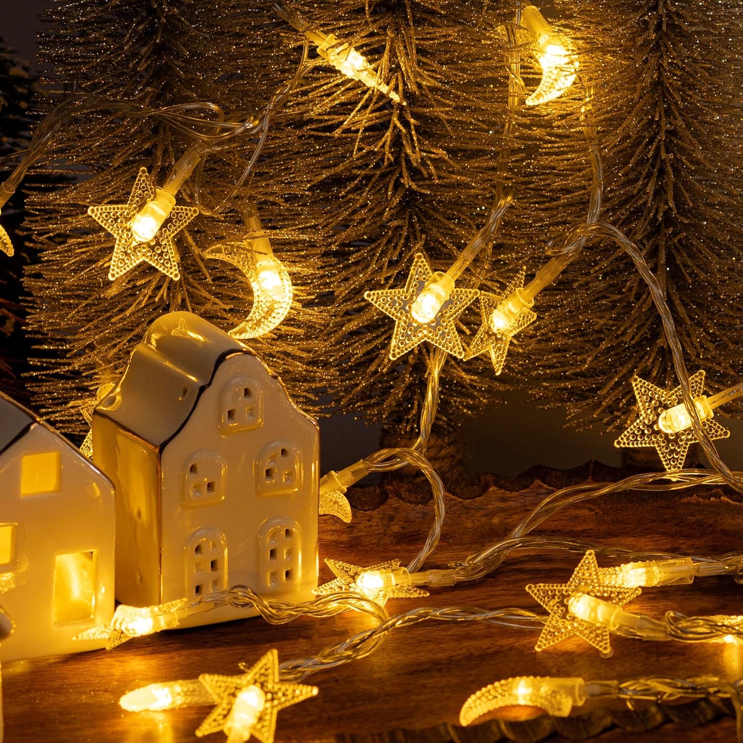 Whimsigoth Star and Moon Decor String Lights, Indoor Bedroom Classroom Dorm Patio Party Wedding Decor, Warm White Plug or Battery (30ft Plug-in)