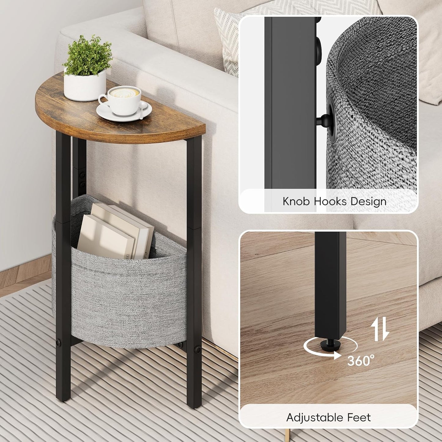 Vagusicc Small Round Side Table, Accent End Table with Storage Basket, Set of 2 Half Round Coffee Table End Table, Half Moon Bedside Table, Modern Nightstand Couch Table for Living Room Bedroom, Brown
