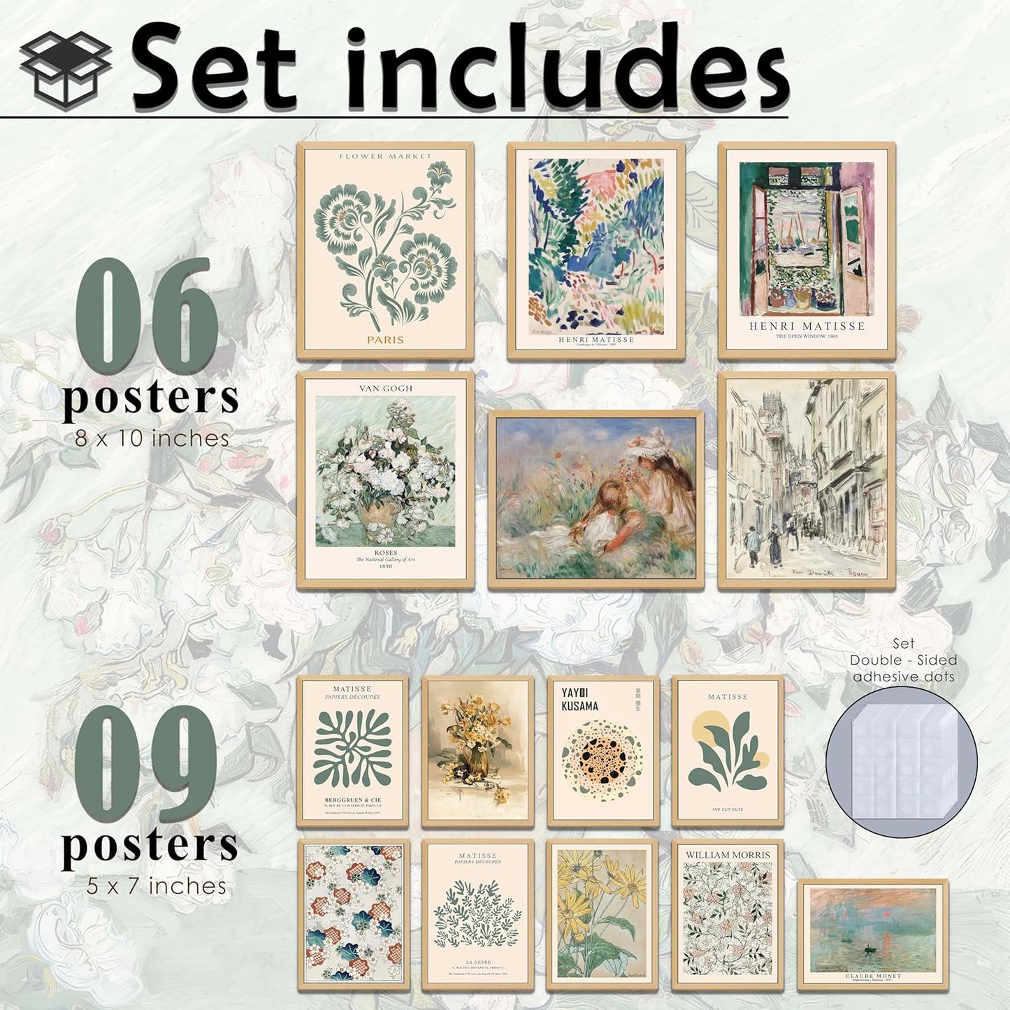15 PCS Sage Green Wall Art Decor, Matisse Wall Prints, Abstract Posters for Room Aesthetic, Wall Art For Living Room Bedroom, Eclectic Boho Vintage Dorm Gallery Home Decor (Unframed, Green 1)
