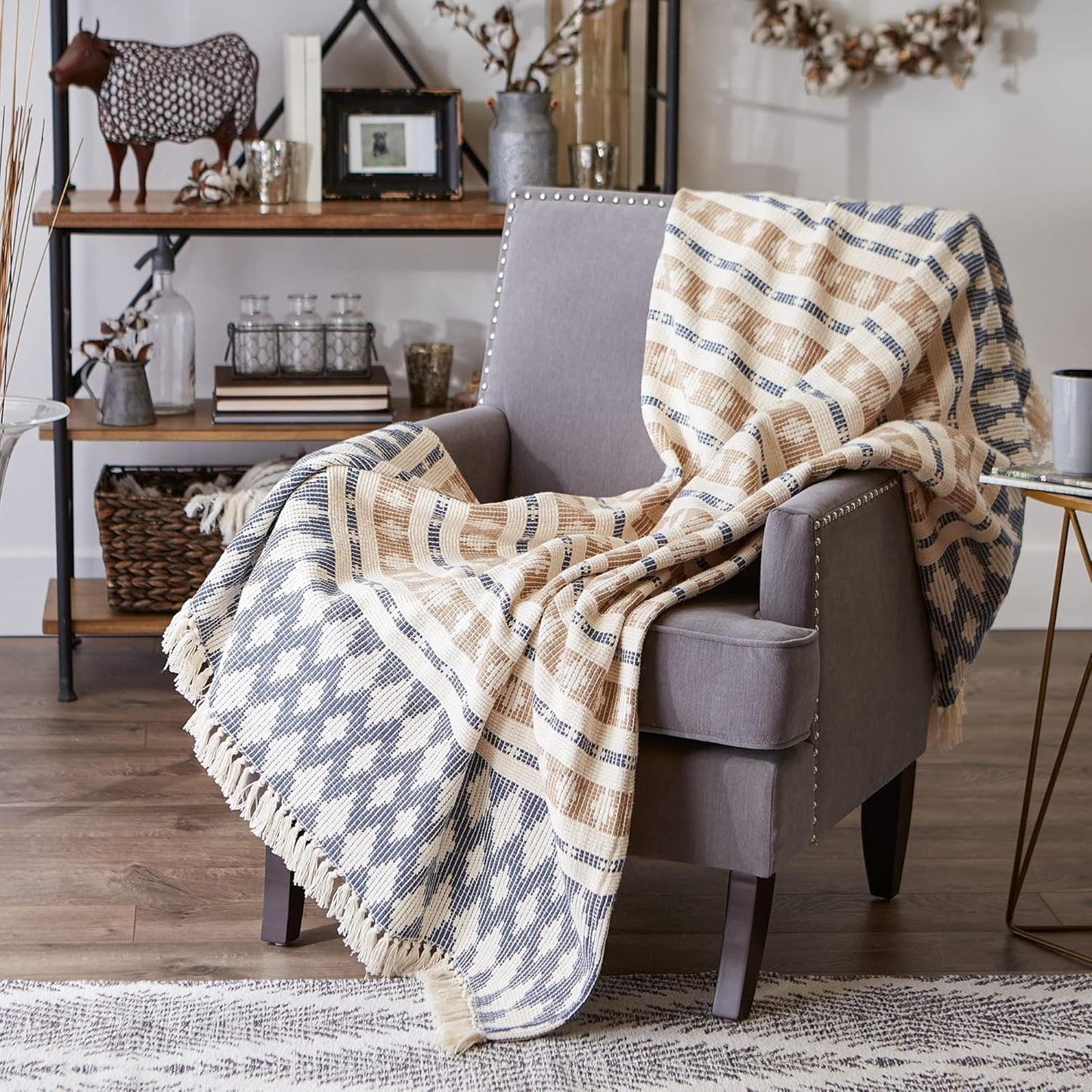 DII California Casual, Colby Southwest Woven Throw, French Blue & Stone, 50x60
