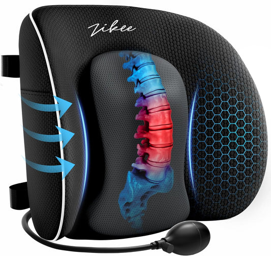 ZIKEE Lumbar Support Pillow for Office Chair and Car Seat with Aribag Design, Adjustable Back Support Lumbar Pillow with Memory Foam for Lower Back Pain Relief & Improved Posture, Dual-Strap Design