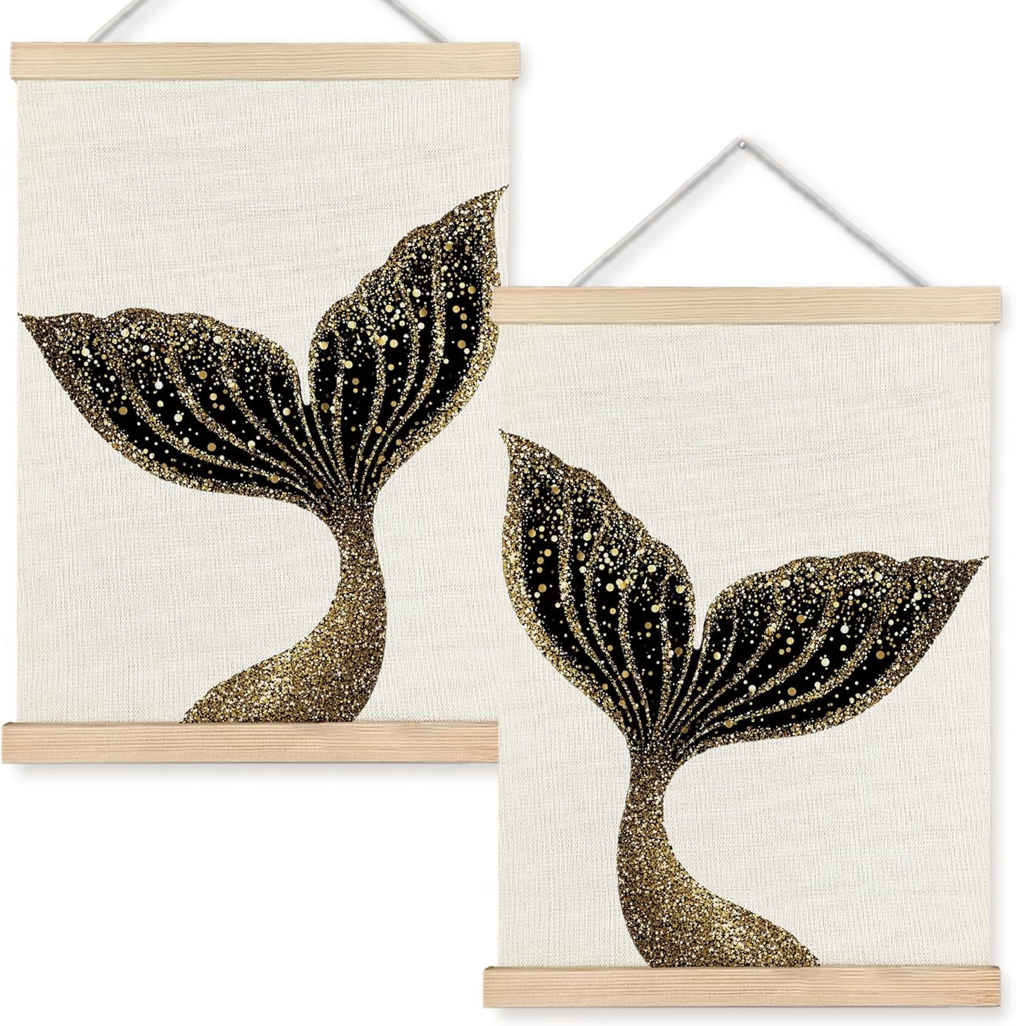 WUCHJ Black Gold Glitter Mermaid Wall Art Poster 12x16 Inch, Mermaid Room Decor for Girls, Coastal Beachy Hanging Wall Decor Canvas Prints for Girls Dorm Bathroom Nursery Bedroom Apartment Set of 2