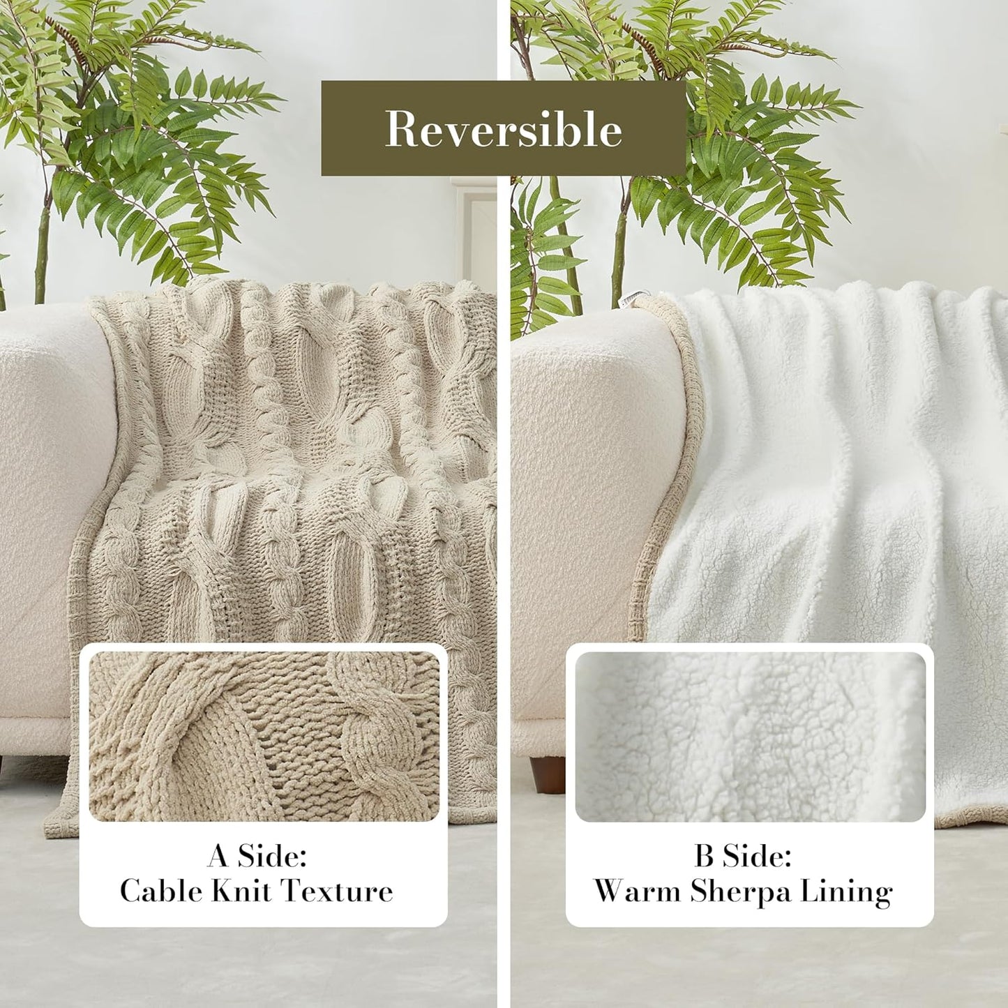 Amélie Home Cable Knit Throw Blanket for Couch, Chenille Sherpa Soft Cozy Throw Blankets for Sofa Chair Comfortable Home, 50"x60", Beige