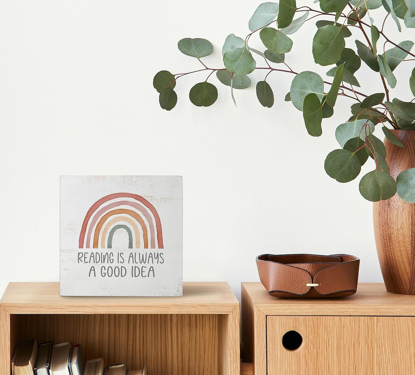 Mtrgdn Reading Conner Decor for Classroom,Boho Rainbow Classroom Reading Nook Desk Decor,Reading is Always a Good Idea Wood Box Sign for Homeschool Library Bookshelf Nursery Kids Reading Room,5x5 Inch